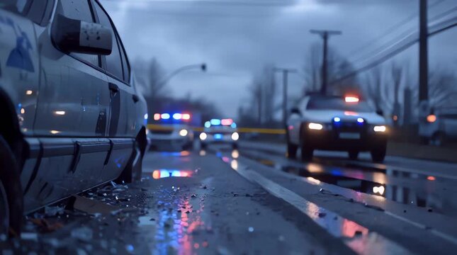 Multiple police cars with flashing blue and red lights on a wet road, crime scene investigation at dusk