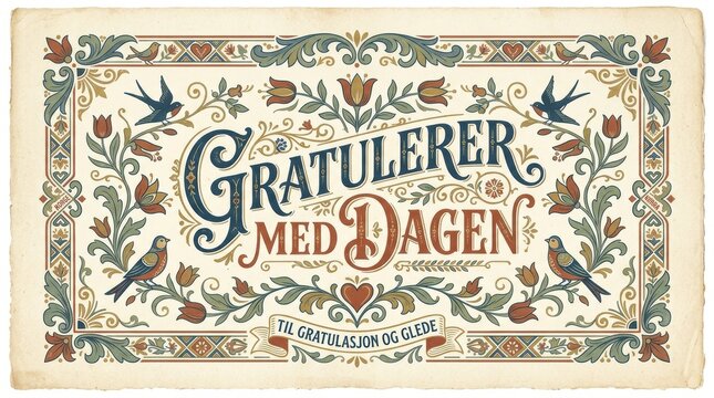 Vintage inspired Scandinavian poster with decorative Norwegian calligraphy &ldquo;Gratulerer med dagen&rdquo;