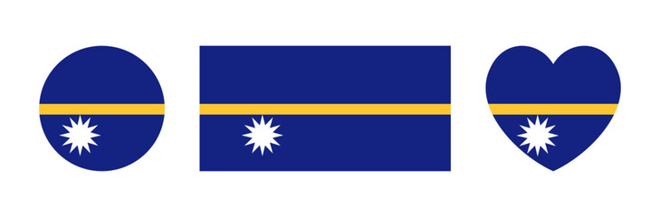 Fototapeta premium Flag of Nauru rectangular, rounded, heart shaped icon, sticker. National Nauru Flag circular button, banner. Round Nauru flag badge, background. Set of Flag in circle, rectangle, heart shape.