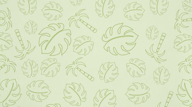 Minimalist Tropical Leaf Pattern. A clean 4K looping animation featuring green line-art monstera leaves and palm trees drifting across a light textured background. Ideal for subtle summer overlays.