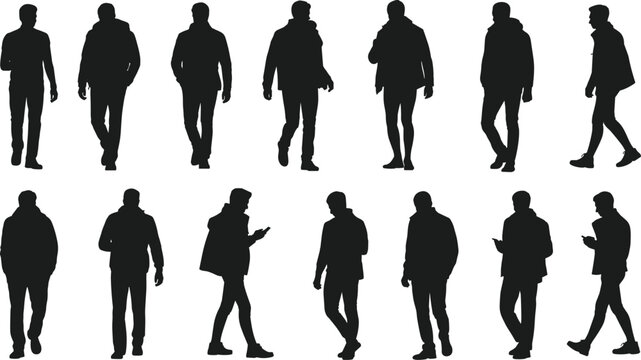 Collection of black silhouettes featuring men wearing jackets walking and using phones isolated on white background for urban lifestyle designs.