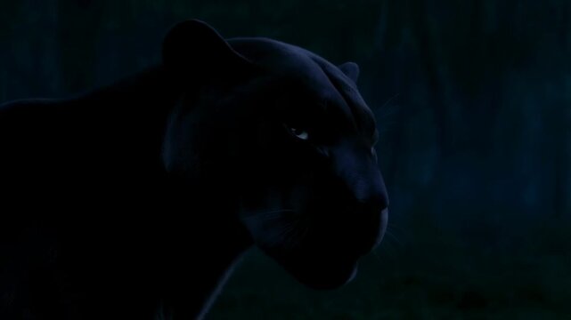 Tracking shot of black panther slowly turning head to reveal stare while stalking through moonlit dense forest undergrowth at night