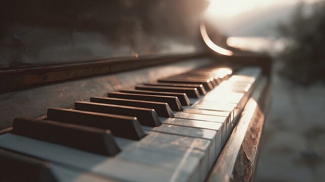 Close-up of piano keys in soft, golden sunlight, blurred outdoor background