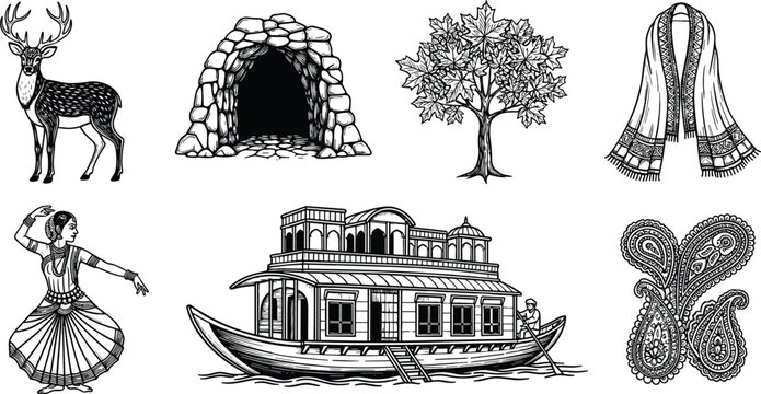 Collection of Kashmiri Culture Illustrations Featuring Shikara Boat Indian Dancer Paisley Pattern Chinar Tree Deer and Traditional Stone Cave in Hand Drawn Sketch Style