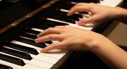 Fototapeta premium Close-up view of hands playing a piano, focused on fingers and keys