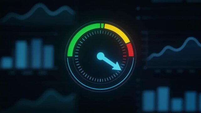 Focused view of a digital cockpit displaying AI risk analysis for small business credit decisions with outoffocus financial graphs surrounding the main screen.