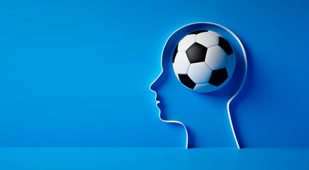 3D Outline of head with soccer ball inside on blue wall background with copy space