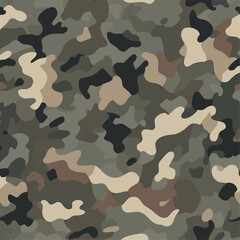 Naklejka premium Seamless Urban Grey Camouflage Pattern. Modern Tactical Camo Texture with Charcoal and Neutral Earth Tones. Military Background for Hunting Fabric, Uniform, Wallpaper. Abstract Vector Graphic Design.