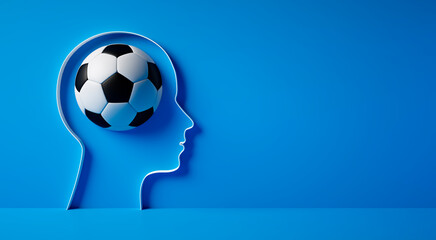 3D Outline of head with soccer ball inside on blue wall background with copy space