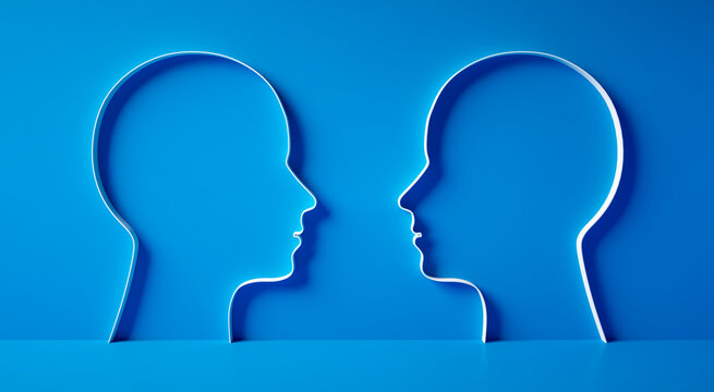 Two mirrored head outlines facing each other in front of a vibrant blue wall