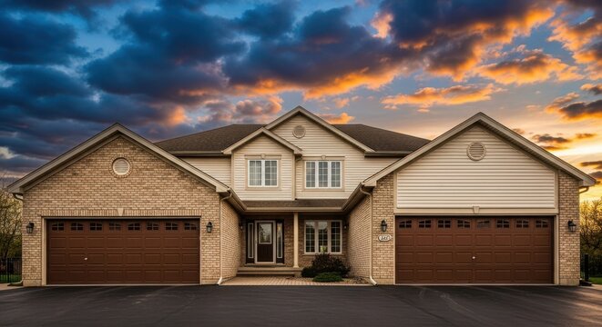Suburban duplex house with garage doors at sunset.