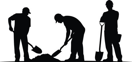 Group of construction worker silhouettes wearing hard hats while digging with shovels and working on a manual labor building site. © MstDulali