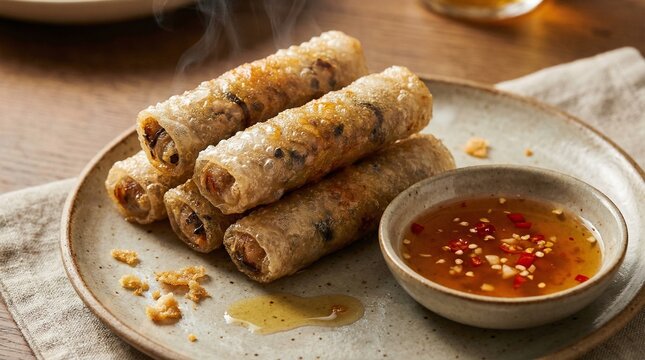Crispy Fried Vietnamese Spring Rolls Nem Ran with Dipping Sauce
