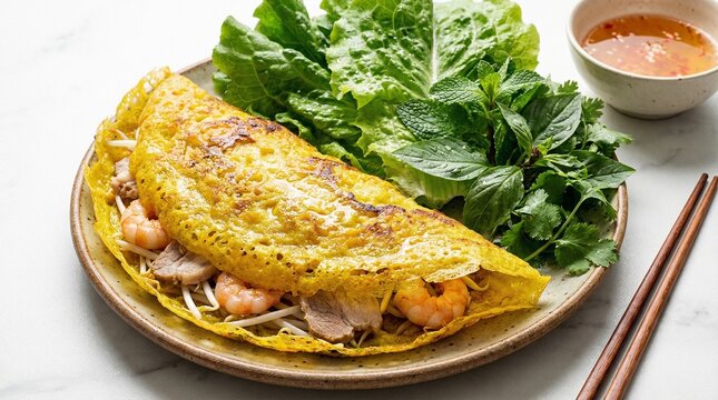 Crispy Vietnamese Rice Pancake Banh Xeo with Shrimp and Pork