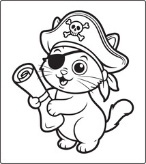 Obraz premium Cute pirate cat coloring pages for kids, vector line art illustration for children book design