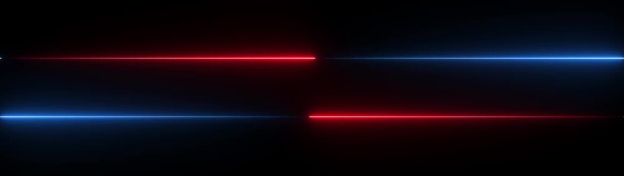 Four glowing neon lines arranged in a symmetrical pattern two red lines and two blue lines against a dark black background creating a futuristic and energetic abstract composition Keywords