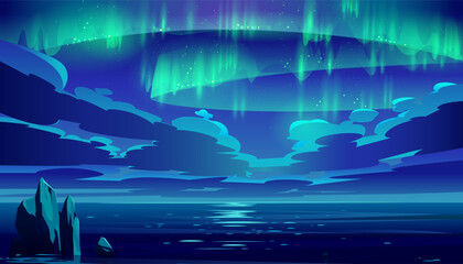 Northern aurora borealis illuminates arctic landscape with magical green lights. Vector illustration of polar night sky over calm sea or ocean with stars and clouds. Nordic winter scenery poster. © vectorpouch