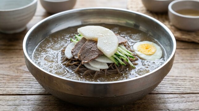 Korean Cold Noodle Soup Mul Naengmyeon in Icy Broth