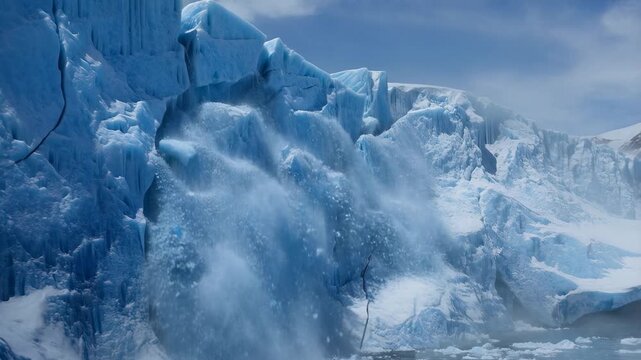 Slow motion tracking shot of glacier wall calving and ice collapse with large chunks falling into polar sea along icy coastline during daytime winter