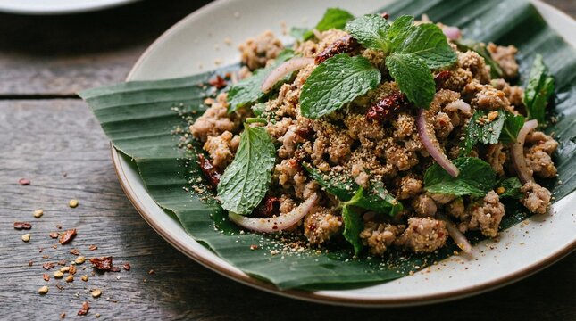 Spicy Thai Minced Meat Salad Laab with Toasted Rice