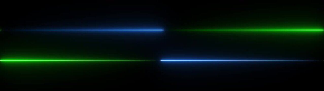 Four glowing neon lines arranged in a symmetrical pattern two red lines and two blue lines against a dark black background creating a futuristic and energetic abstract composition Keywords