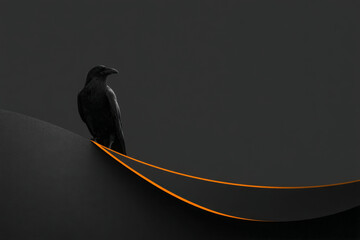 Naklejka premium Minimal Halloween poster with raven silhouette on geometric crescent moon and orange rim light