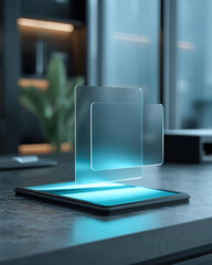 Sleek tablet on desk with floating translucent UI card, minimalist tech workspace