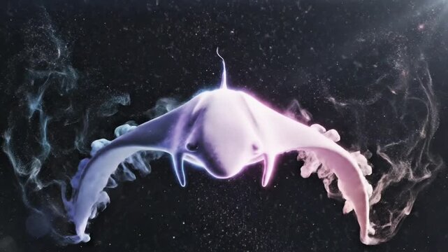 Ultra-smooth 4K surreal animation of pastel smoke-like shapes flowing through infinite space, gradually forming abstract creatures and dissolving again, glowing particles, cinematic lighting