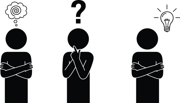 Confusion to questioning to idea, human thought process, problem solving evolution, insight realization concept, psychology learning stages, flat vector illustration