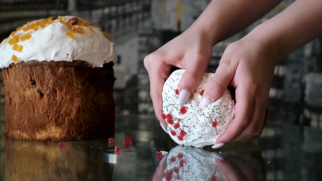 squeeze two halves of Easter bread together to see the springy structure fluffy, tender dough with a berry filling. cruffin with raspberry jam. Easter bread. Easter eggs and spring flowers