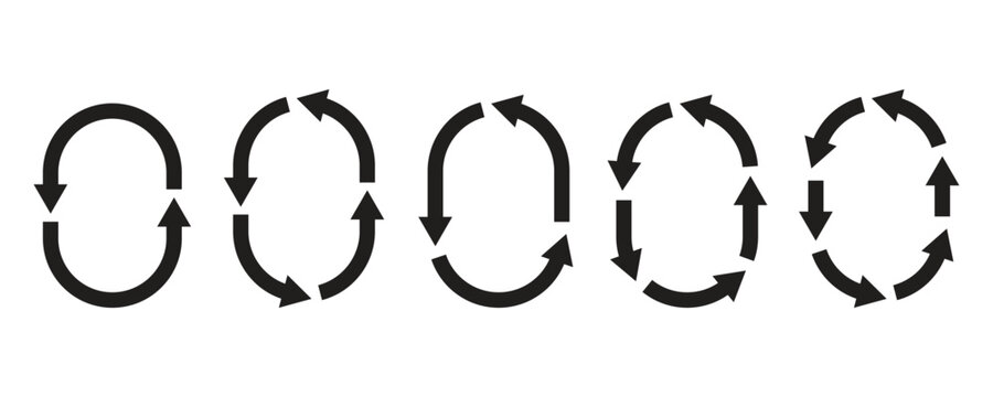 Set of five black circular process arrow symbols for business workflow management recycling and system rotation. Circular economy loops elements vector design.