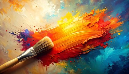 Fototapeta premium Vibrant paintbrush strokes on colorful artistic canvas with hues of orange red blue and yellow creating dynamic movement.