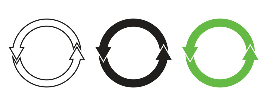 Set of three circular recycling arrow symbols in black outline and green for environmental sustainability and business process rotation. Circular economy loops elements vector design.