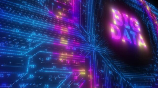 Futuristic 3D Big Data Concept Animation with Glowing Neon Typography Over Abstract Digital Circuit Board and Flowing Blue Information Streams in Cyberspace on Black Background backdrop 4k loop