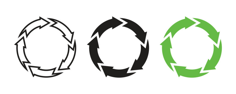 Set of three circular process arrow symbols in black outline and green for recycling sustainability environmental conservation and business workflow management. Circular economy loops vector design.