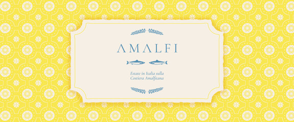 Fototapeta na wymiar Mediterranean yellow tile pattern with Italian lemon motifs and mosaic borders for summer designs, Amalfi coast inspired vintage floral banner. Italian text translate: Summer in Italy on Amalfi Coast.