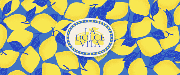 Italian lemon Amalfi Coast summer vibes illustration. Mediterranean pattern design yellow citrus elements and botanical lemon branches on vintage blue background. Italian text translate: Sweet life