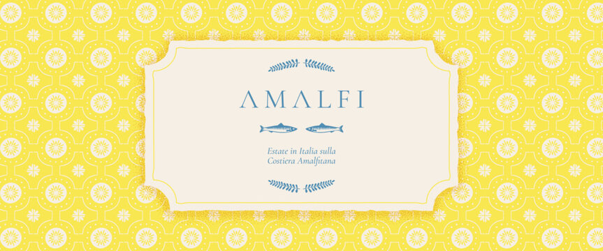Mediterranean yellow tile pattern with Italian lemon motifs and mosaic borders for summer designs, Amalfi coast inspired vintage floral banner. Italian text translate: Summer in Italy on Amalfi Coast.