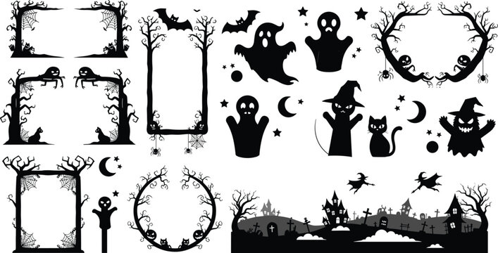Halloween frames and spooky elements set ghost witch cat haunted landscape silhouettes vector illustration decorative collection design