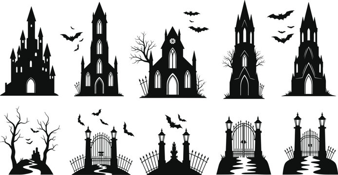 Halloween haunted castles and gates silhouettes set spooky gothic buildings bats vector illustration collection dark night design