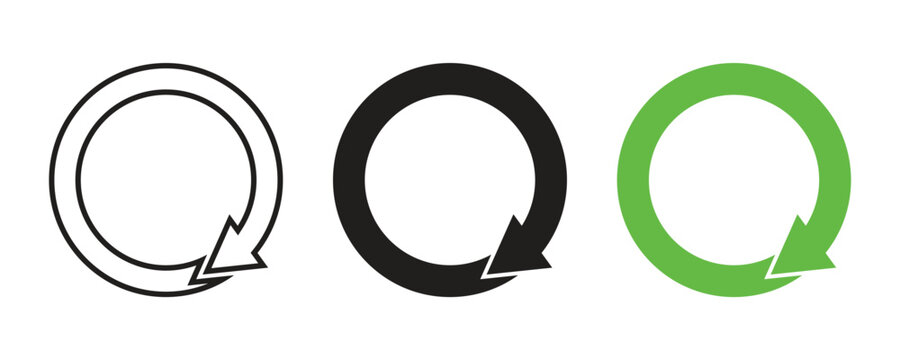 Set of three circular reload and recycle arrow symbols in black outline and green for environmental sustainability and website interface update. Circular economy loops elements vector design.