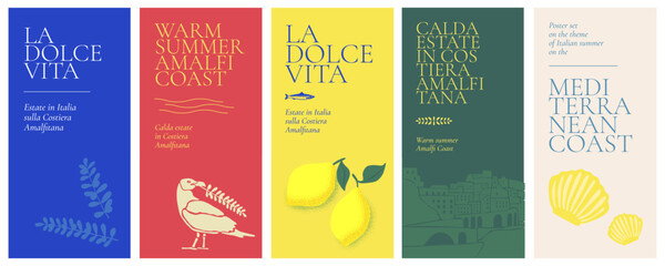 Mediterranean summer vibes vertical banners. Retro Italian lemons, olives and seagull. Amalfi coast pattern for invitations. Italian text translate: The sweet life, Summer in Italy on Amalfi Coast.