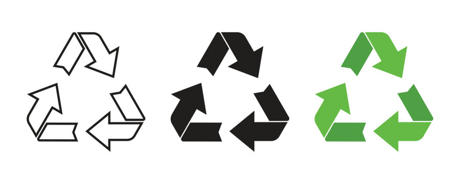 Set of three recycling symbols in outline black and green colors for environmental conservation sustainability and waste management. Circular economy loops vector design.