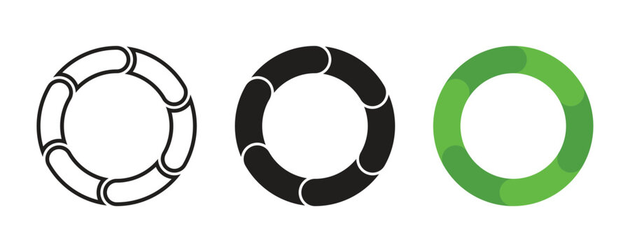Set of three circular segmented loop symbols in black outline and green for business process cycles recycling and sustainability management. Circular economy loops elements vector design.