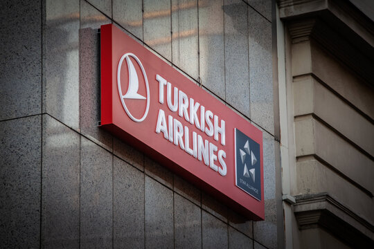 BELGRADE, SERBIA - MARCH 29, 2025: Turkish Airlines sign on an office exterior in Belgrade, Serbia. Turkish airlines Also called Turk Hava Yollari is the main airline and the flag carrier of Turkey.