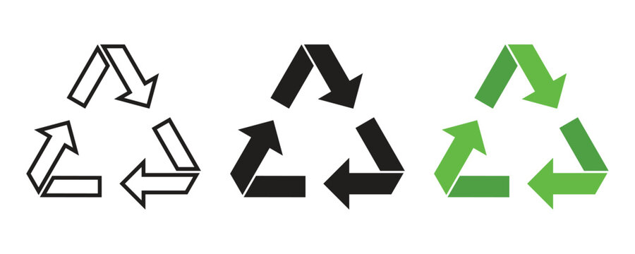 Universal recycling symbol set in green black and outline styles for environmental conservation and waste management. Circular economy loops elements vector design.