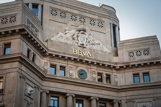 BARCELONA, SPAIN - APRIL 5, 2025: BBVA name displayed on a monumental office building in Barcelona, Spain, BBVA, or Banco Bilbao Vizcaya Argentaria, is a spanish retail and investment bank.