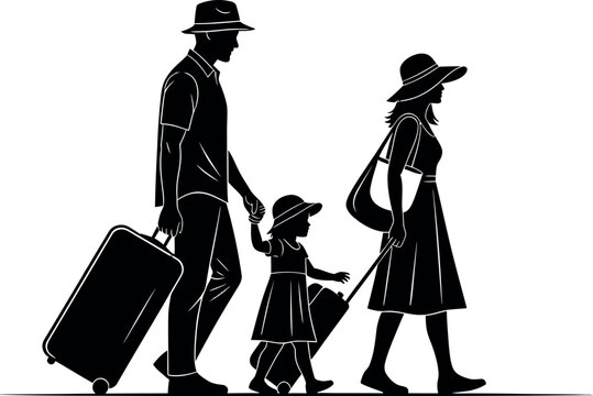 Black silhouette of a family with luggage walking together