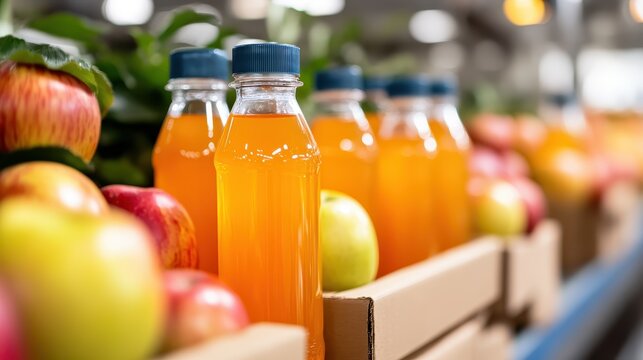 Bottling fresh apple juice in a bustling factory filled with ripe apples
