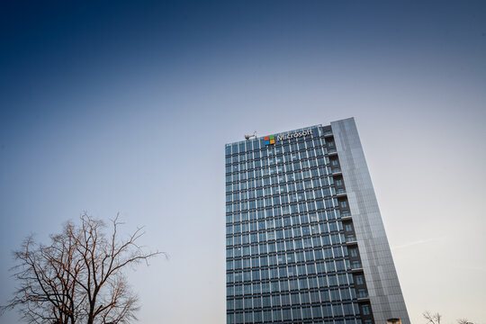 BELGRADE, SERBIA - FEBRUARY 3, 2024: Microsoft logo on their main office for Serbia, Microsoft Development Center). Microsoft Corporation one of the main software manufacturers known for Windows.